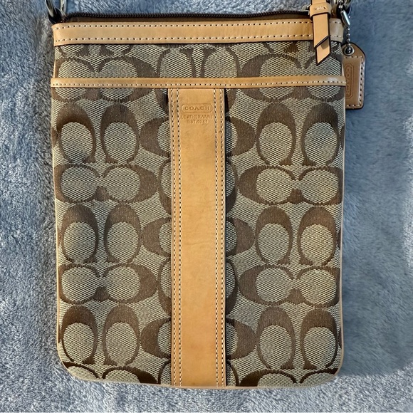 Coach Signature Logo Canvas Mini Crossbody Bag Tan & Brown Zipper Closure - Picture 3 of 12
